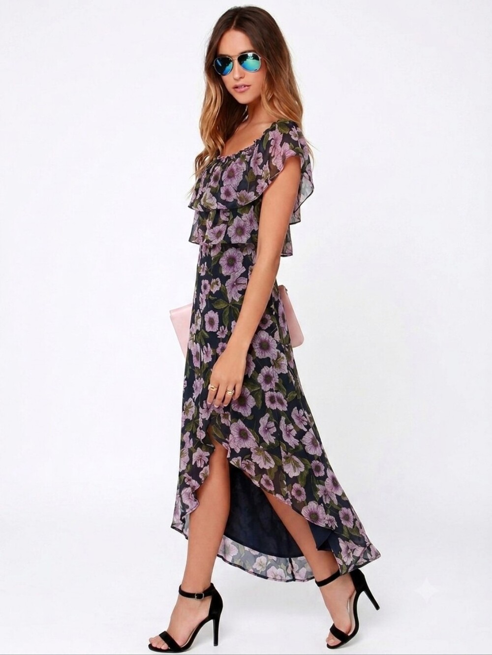 BB Dakota RSVP Floral High-Low Chiffon Midi Dress Black Pink Size 2